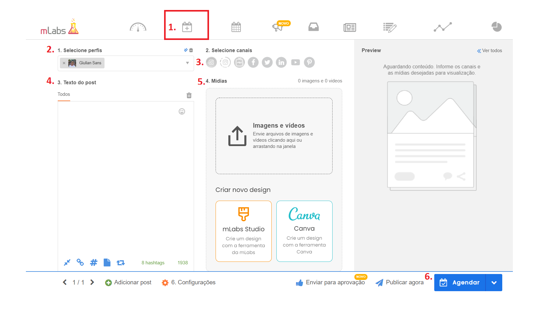 Como programar post no Facebook: Tela interna do "Agendar post" da plataforma da mLabs, com indicação numérica de 1 a 6 para realizar uma programação de post via mLabs.