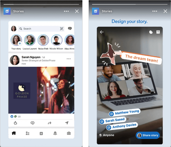 linkedin stories: imagem de duas telas de celulares, em uma está aparecendo o feed do linkedin com os ícones dos stories no topo, a outra está mostrando um story aberto em tela cheia