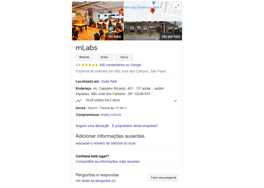 marketing digital para pequenas empresas: imagem da ficha da mLabs no Google Meu Negócio mostrando fotos do escritório, informações sobre o horário de funcionamento, avaliações de usuários