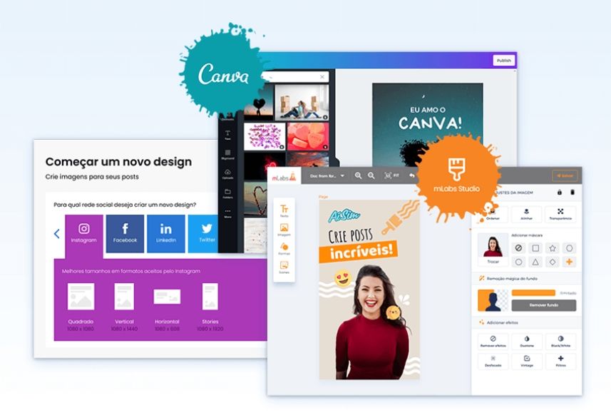 Criar Posts: imagem das telas da ferramenta mLabs, indicando o Canva e o mLabs Studio de criação