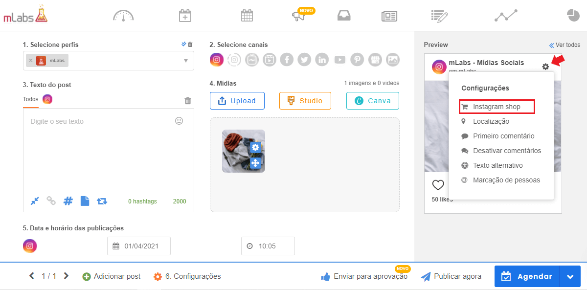 instagram shopping: imagem da tela de agendamento da mLabs indicando onde se localiza o menu configurar