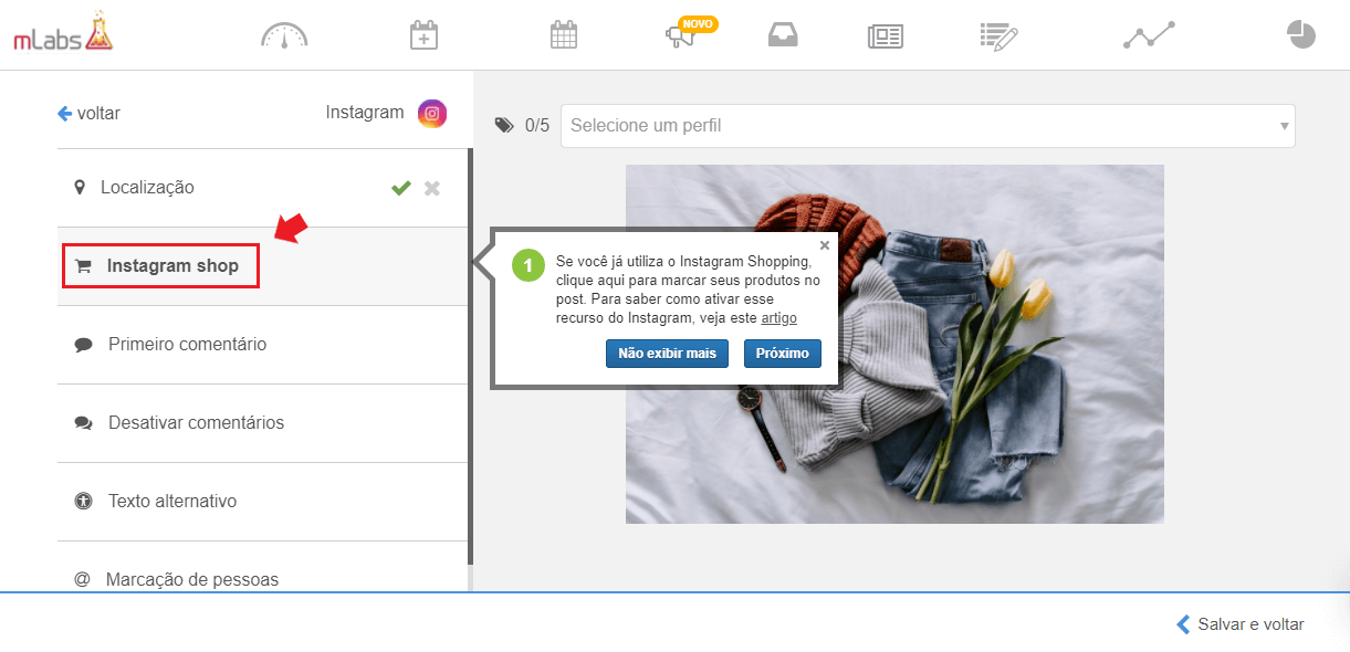 instagram shopping: imagem da tela de inserção de tag do instagram shopping da mLabs