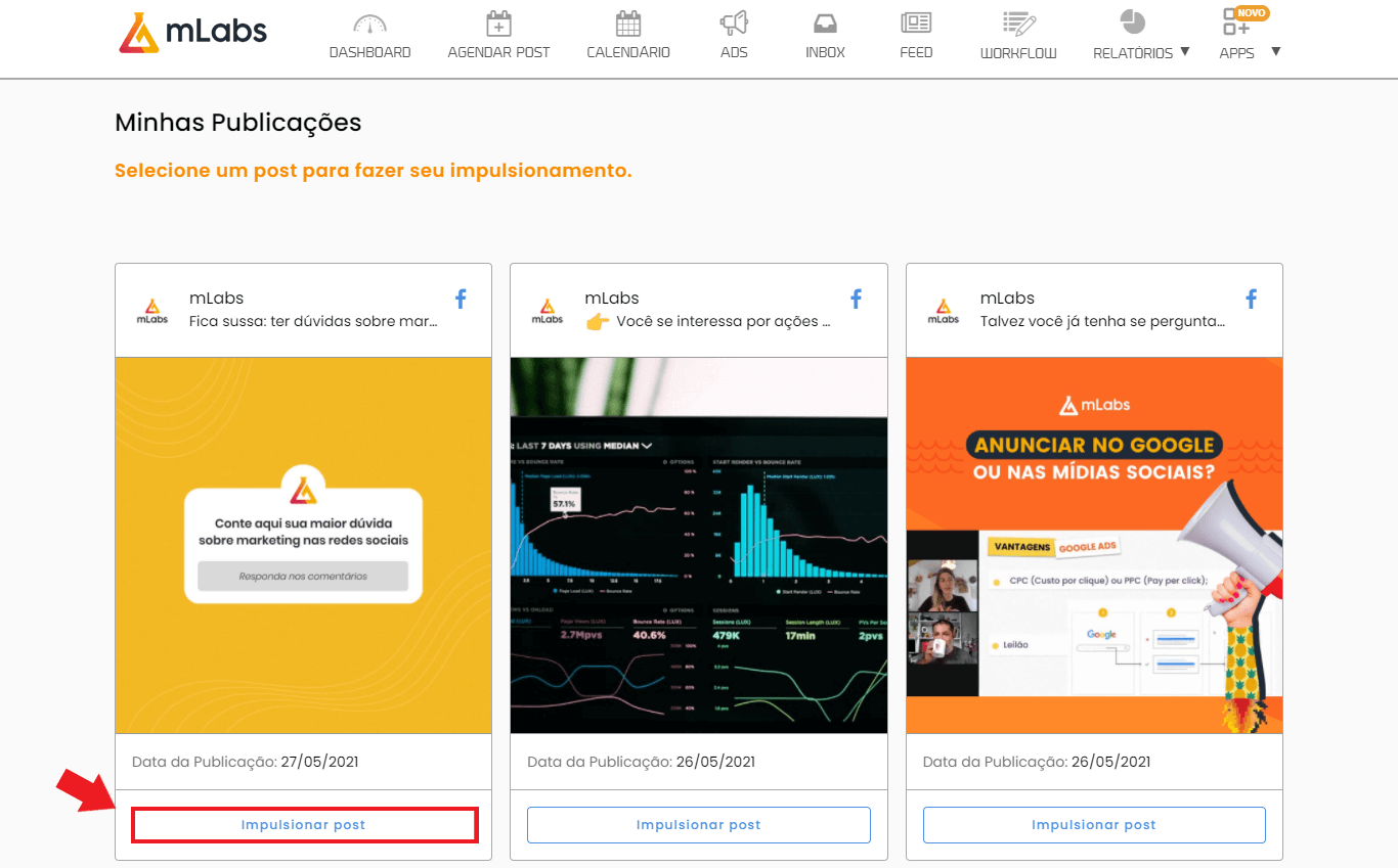 gerenciador de redes sociais: imagem da tela de impulsionamentos mostrando os posts para selecionar