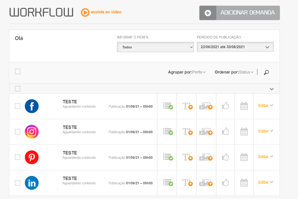 Gerenciador de redes sociais: imagem da página de workflow da mLabs