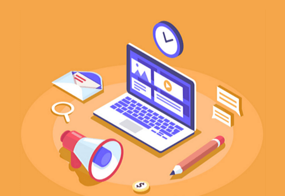 Marketing de performance: imagem vetorizada de um computador, um lápis, um megafone, uma lupa, uma carta e um relógio. O fundo da tela é laranja.