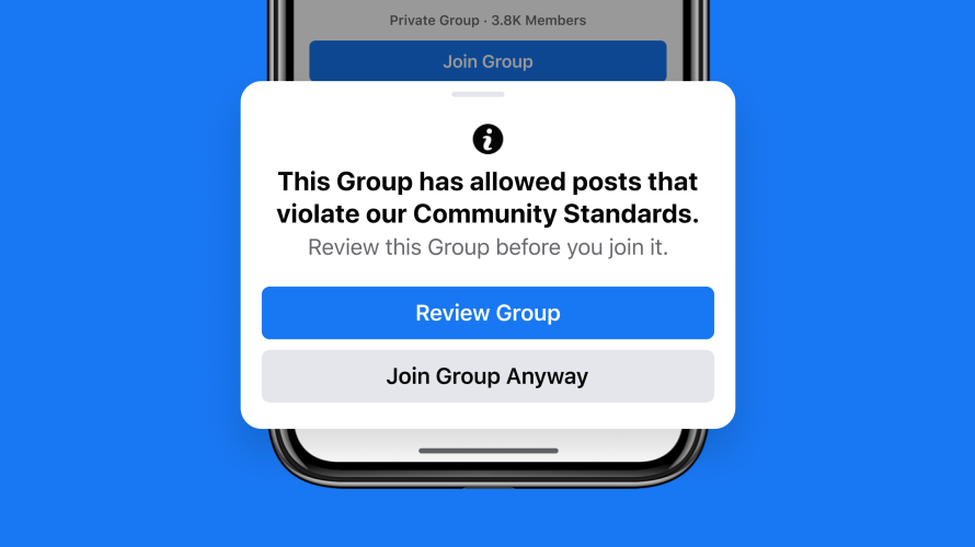 ultimas novidades facebook: imagem de uma mensagem do facebook sobre proteção de grupos na plataforma