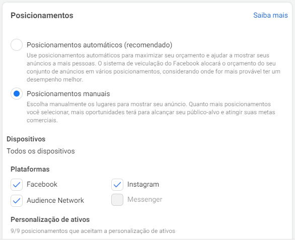 Instagram Ads: imagem da tela de nome posicionamento dos anúncios do Gerenciador de Anúncios do Facebook