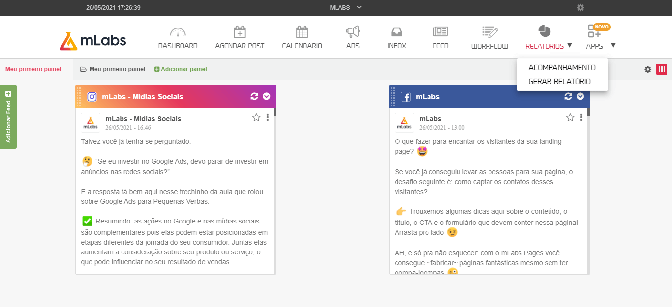 como usar mlabs: imagem da tela do Feed da mlabs