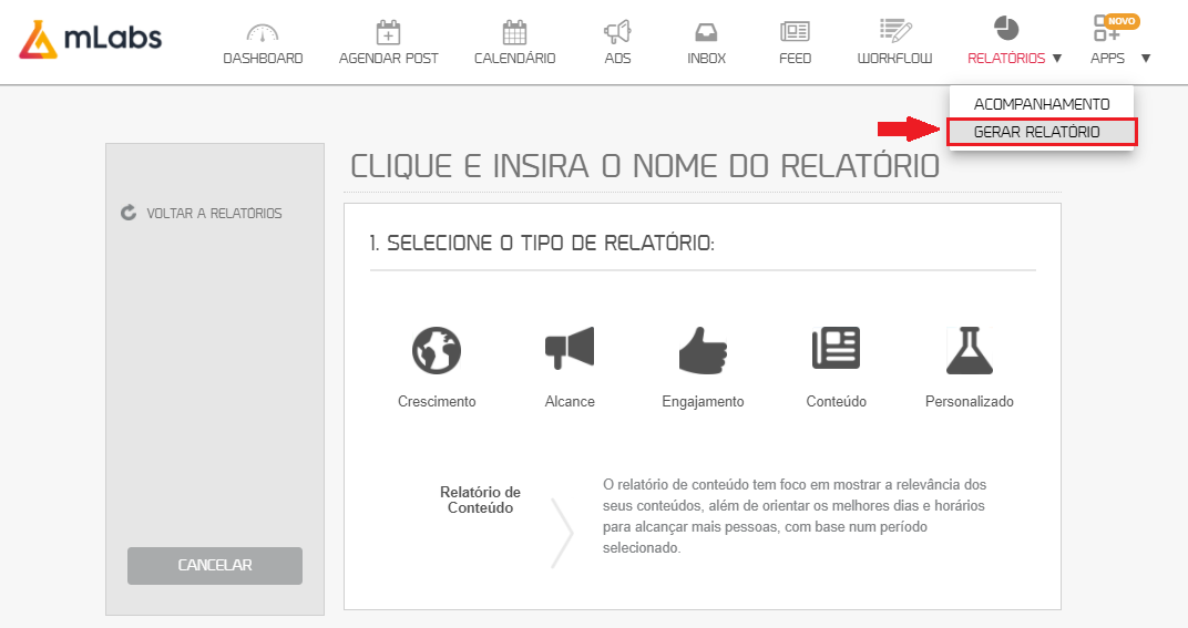 como usar mlabs: imagem da tela de gerar relatórios da mlabs