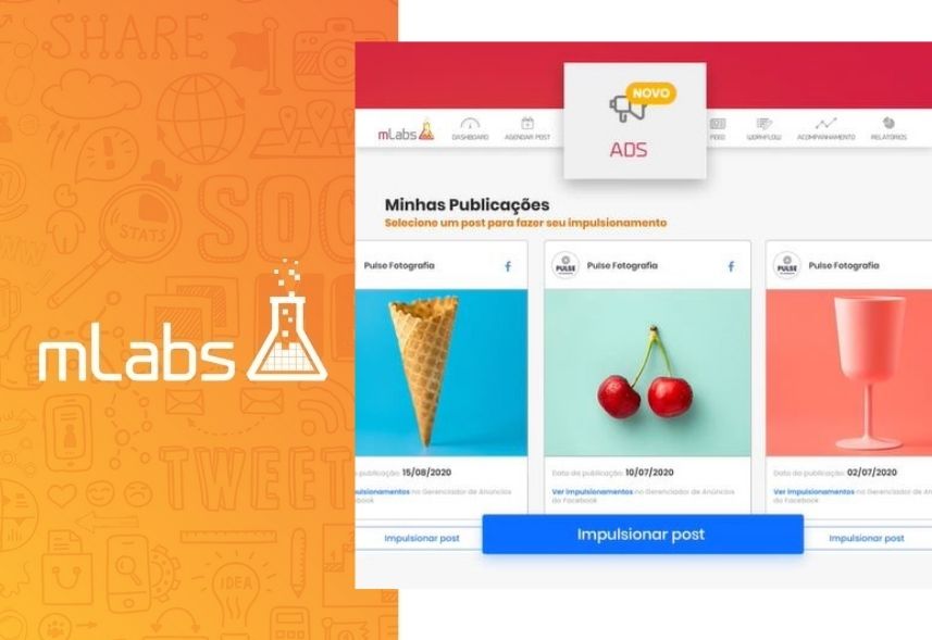 Post patrocinado: imagem com a logo da mLabs do lado esquerdo e a tela de impulsionamento do lato direito