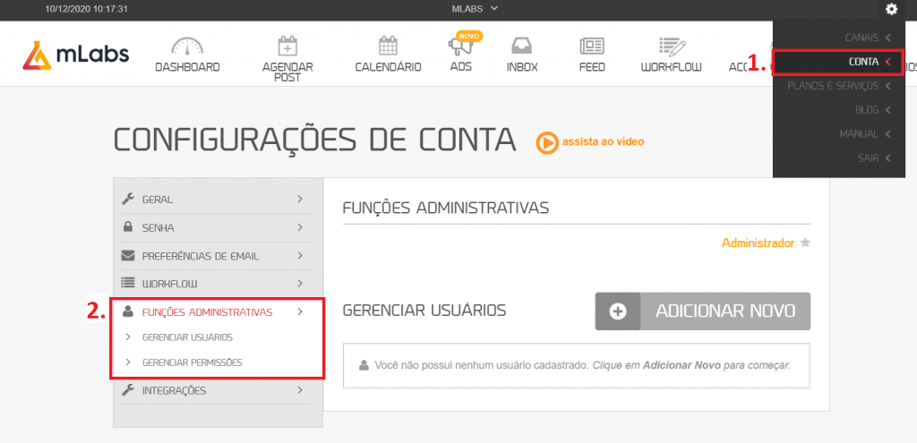 workflow mLabs: página principal da plataforma da mLabs com destaque para dois pontos de seleção, a opção de "conta" e a opção "funções administrativas".