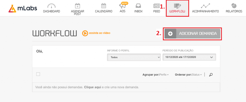 workflow mLabs: Duas opções estão em destaques nessa tela, a opção da aba "Workflow" e o botão "adicionar novo".