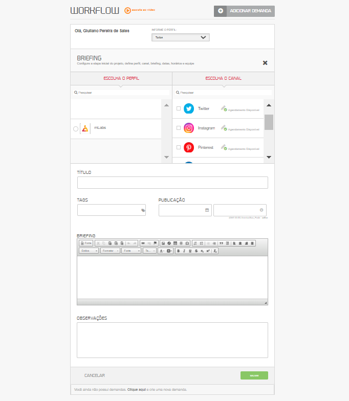workflow mLabs: tela do briefing da plataforma do mLabs, no qual você adiciona as informações necessárias para gerar a demanda de trabalho.