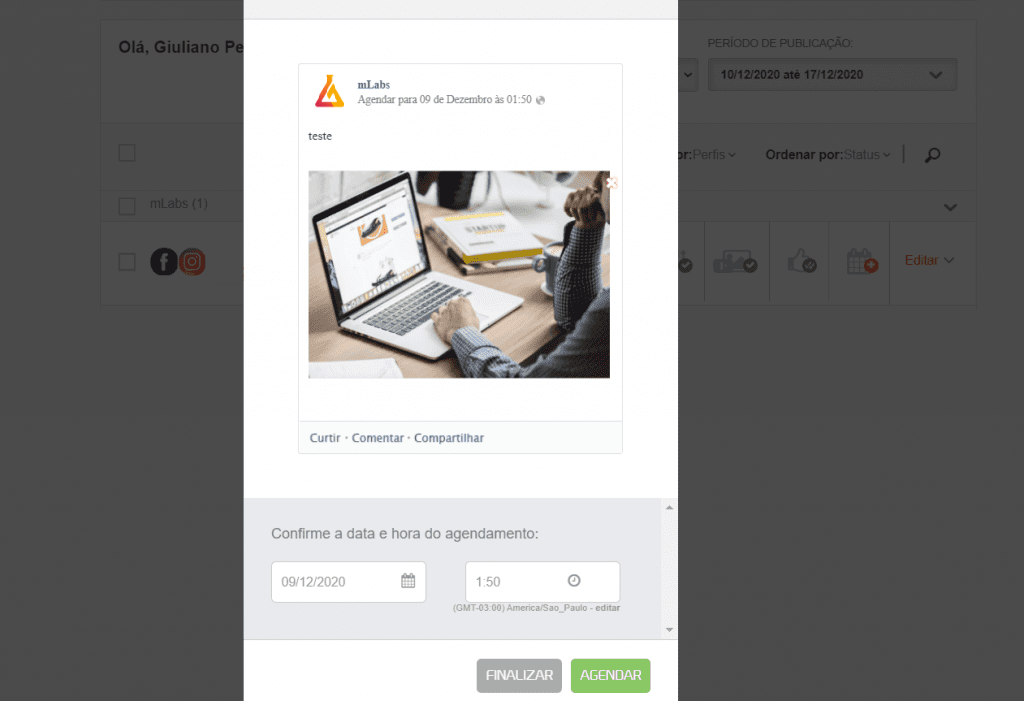 workflow mLabs: nesta tela a produção aparece finalizada e pronta para ser agendada, basta escolher o horário e o dia da publicação.
