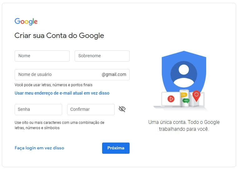 criar conta no google analytics: imagem da tela de criação de conta do google