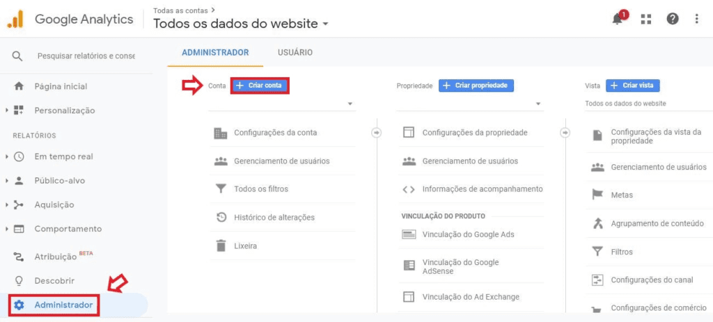 criar conta no google analytics: imagem da tela de configuração de conta do google analytics