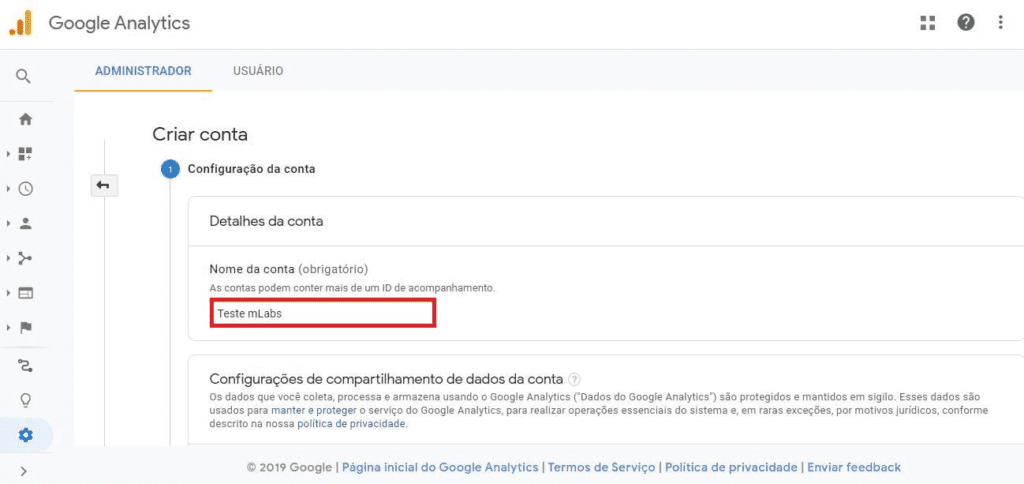 criar conta no google analytics: imagem da tela criar conta