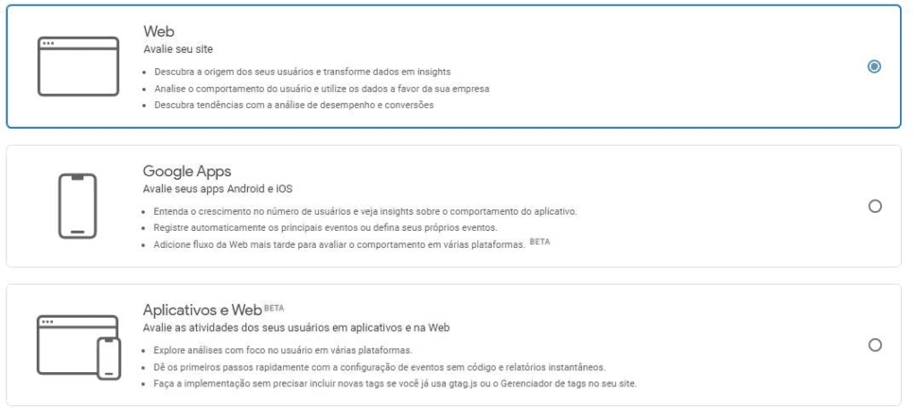criar conta no google analytics: imagem da tela de dispositivos do google analytics