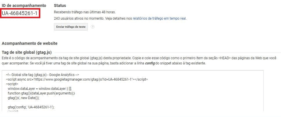 criar conta no google analytics: imagem da tela ID de acompanhamento do google analytics