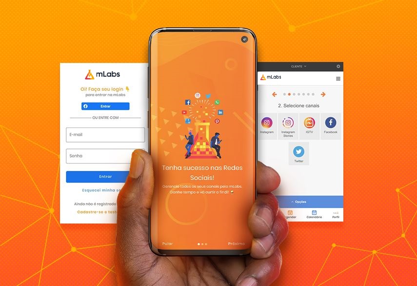 mLabs app: imagem de uma mão masculina segurando um celular com a tela do aplicativo da mLabs aparecendo