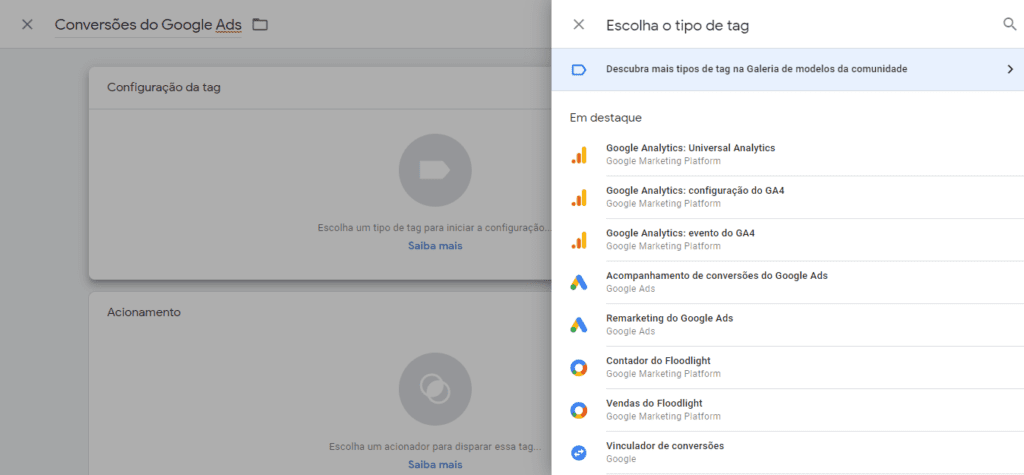 google tag manager: imagem de tela de configuração da tag indicando onde escolher o tipo