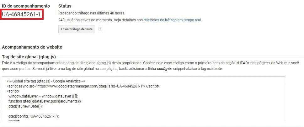 o que e google analytics: imagem da tela de ID de acompanhamento do Google Analytics