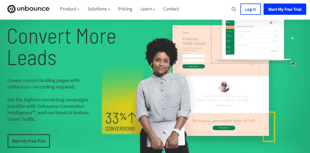 landing page exemplos: imagem de um botão de teste grátis com mais elementos na tela: uma mulher negra, depoimento de usuário, imagem do sistema