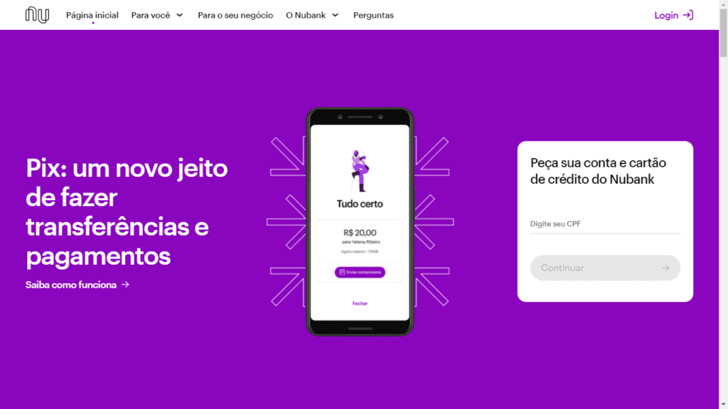 landing page exemplos: imagem de um celular com o sistema na tela, um texto descritivo e um formulário com o background na cor roxa