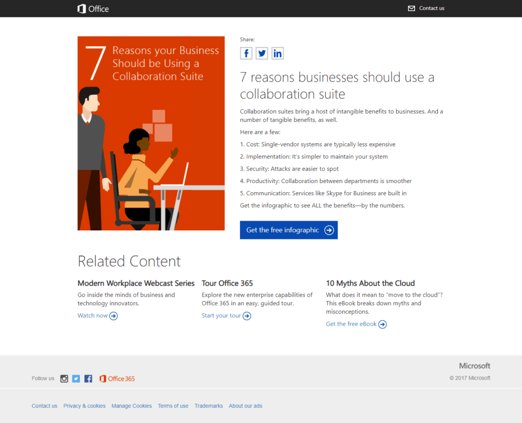 landing page exemplos: imagem com 7 razões para usar a ferramenta e um botão de conversão