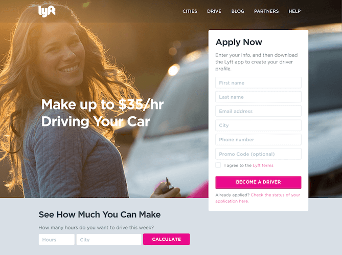 landing page exemplos: imagem da página da lyft com uma mulher sorrindo, segurando uma chave de carro, ao fundo aparece um carro na cor prata, na frente o lado direito tem um formulário para inscrição