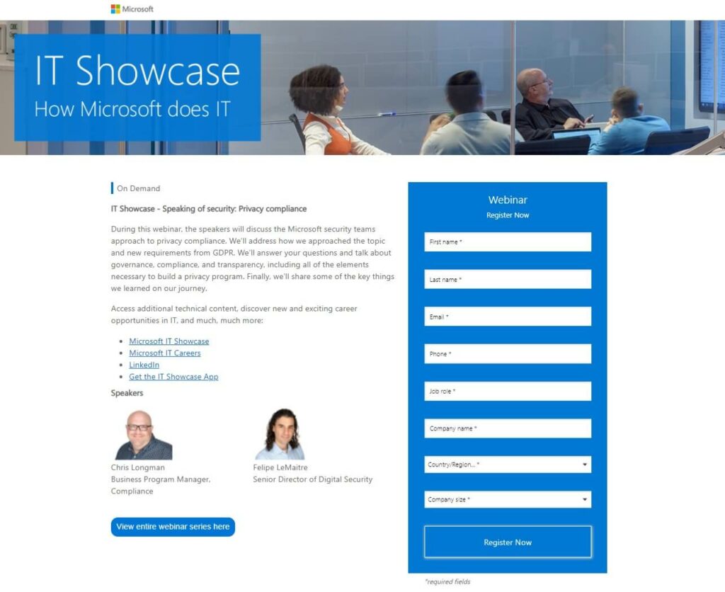 landing page exemplos: imagem da página da microsoft com um banner mostrando pessoas em uma sala de reunião, um texto descritivo e um formulário em azul na direita