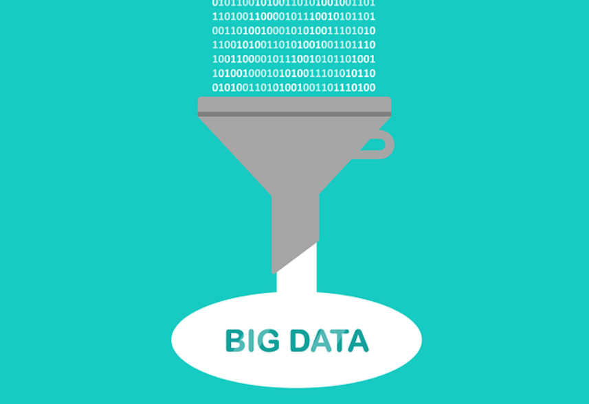 big data: imagem de vários números em formato de código caindo dentro de um funil e abaixo do funil aparece a palavra big data