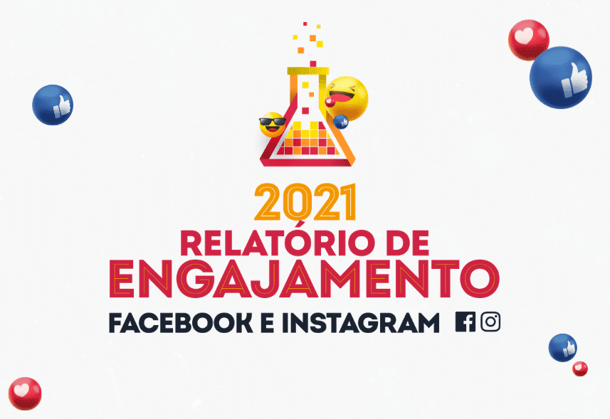 Capa com uma arte com escrito: Relatório de engajamento 2021 - facebook e instagram. Na arte contém diversos emojis de likes e o logo da mLabs