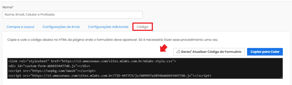 mlabs pages: imagem da tela de geração de código da mlabs pages