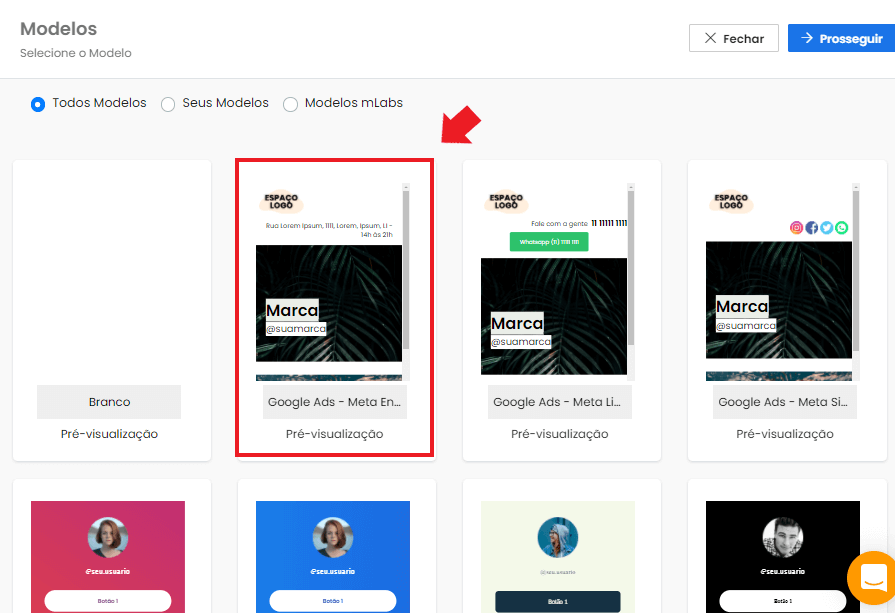 mlabs pages: imagem da tela de modelos de templates da mlabs pages