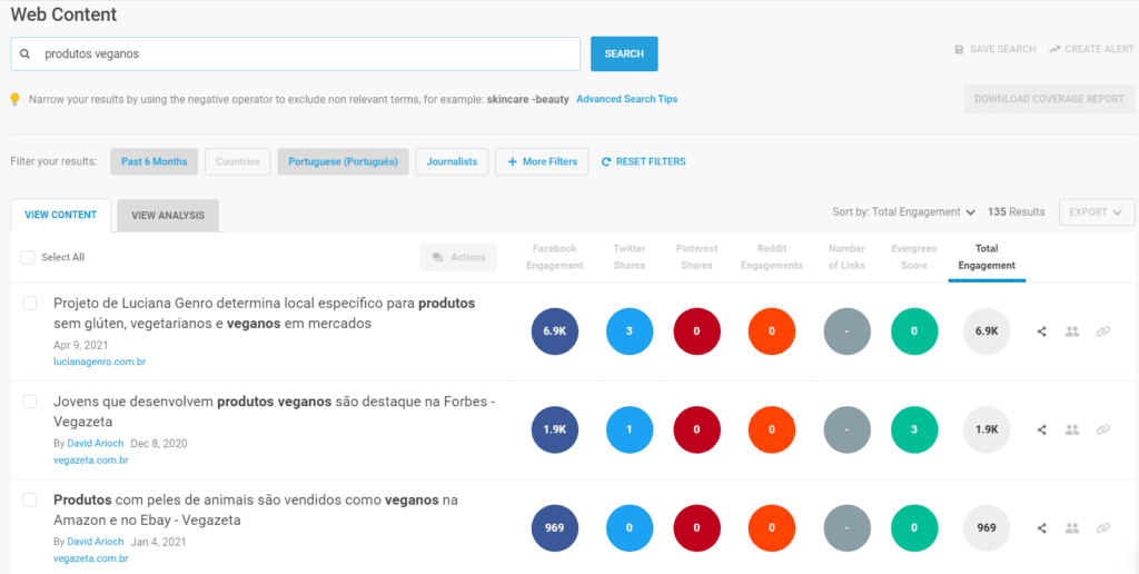 Nicho de mercado: print de tela do BuzzSumo. A imagem mostra os resultados da busca do termo produtos veganos. No centro, bolas coloridas mostram o volume de buscas do termo em diferentes redes sociais.