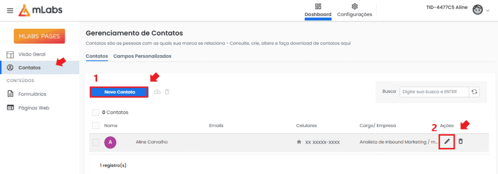 mlabs pages: imagem da tela de contatos da mlabs pages
