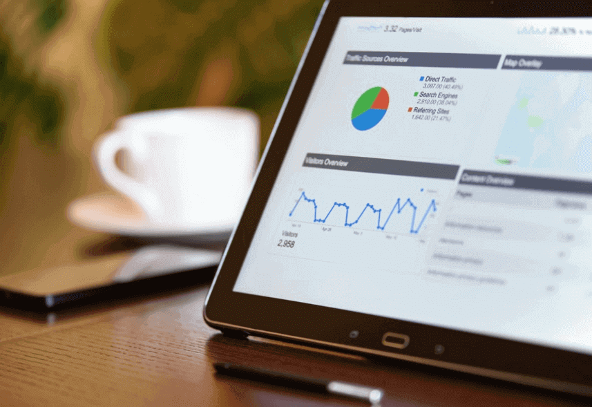 Relatório Google Analytics: imagem da tela de um computador com gráficos do Google Analytics. Ao fundo, há uma xícara e um celular.