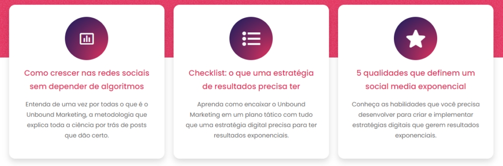 social media exponencial: imagem com três quadrados e as seguintes informações. 1 - Como crescer nas redes sociais sem depender de algoritmos, 2 - Checklist: o que uma estratégia de resultados precisa ter, 3 - 5 qualidades que definem um social media exponencial