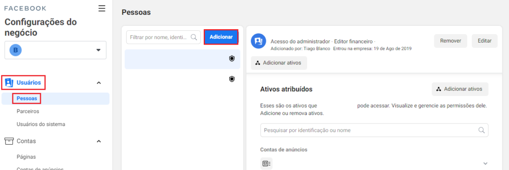 facebook business: imagem da tela de usuários indicando onde adicionar mais pessoas no gerenciador de negócios do Facebook