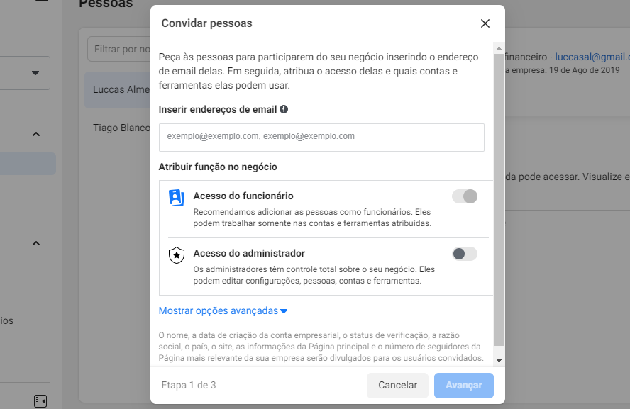 facebook business: imagem da tela de convidar pessoas do gerenciador de negócios do facebook