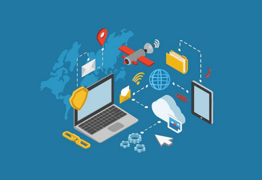o que é crm: imagem em formato de desenho com vários elementos, um notebook, um tablet, uma seta de mouse, um ícone de localização, uma pasta amarela de arquivos, uma nuvem branca, engrenagens